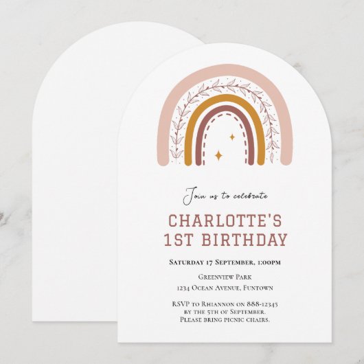Boho Rainbow Einladung zum 1. Geburtstag (Vorne/Hinten)