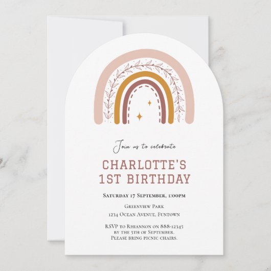Boho Rainbow Einladung zum 1. Geburtstag (Vorderseite)