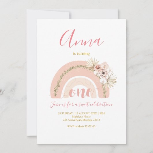 Boho Rainbow Erster Geburtstag Einladung (Vorderseite)