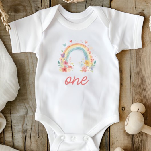 Boho Rainbow Floral Pastel "One" Baby Strampler