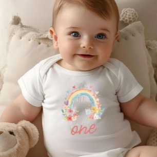Boho Rainbow Floral Pastel "One" Baby Strampler
