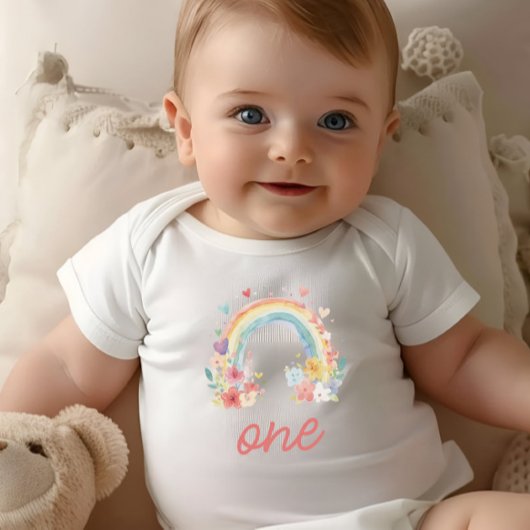 Boho Rainbow Floral Pastel "One" Baby Strampler
