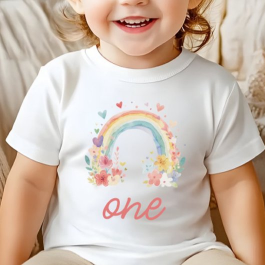 Boho Rainbow Floral Pastel "One" Baby T-shirt