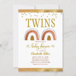 Boho Rainbow Gold Twin Baby Shower Einladung