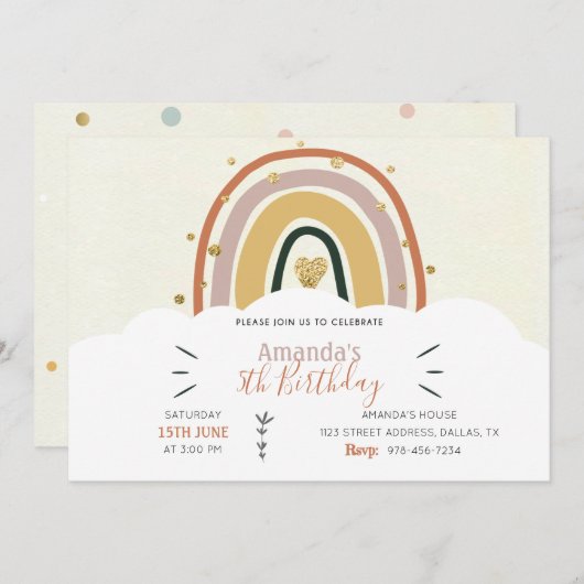 Boho Rainbow Golden Birthday Einladung (Vorne/Hinten)