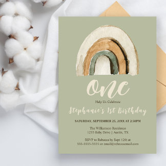 Boho Rainbow Green 1. Geburtstag Einladung