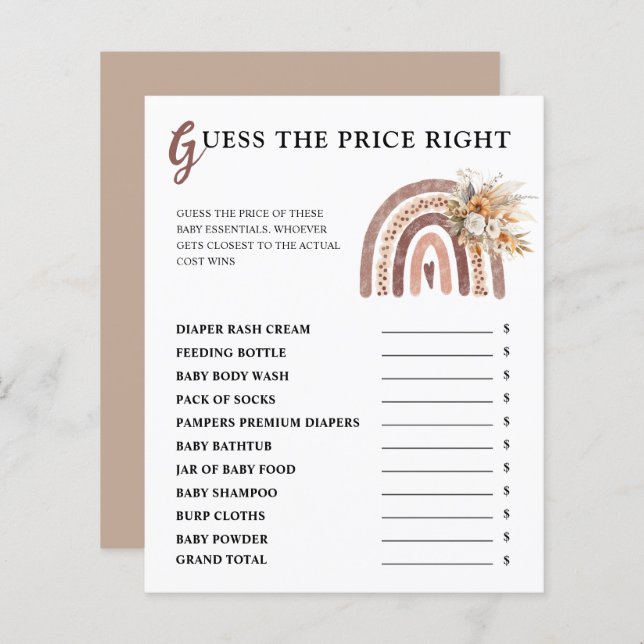 Boho Rainbow | Guess The Price Right Baby Shower (Vorne/Hinten)