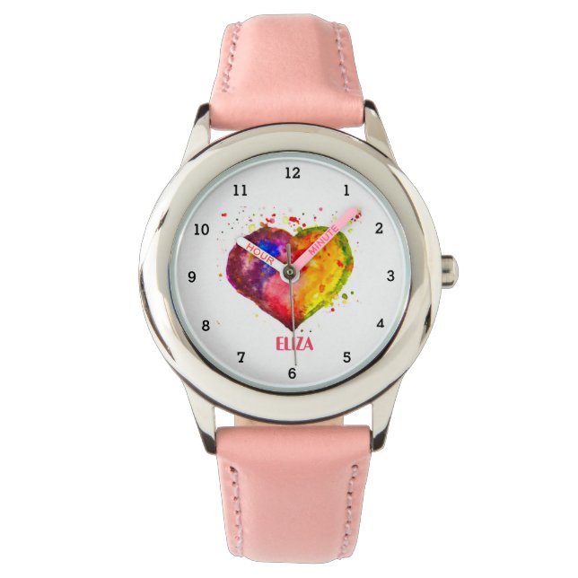 Boho Rainbow Heart Wasserfarbe Niedlich Girls Pink Armbanduhr (Vorderseite)