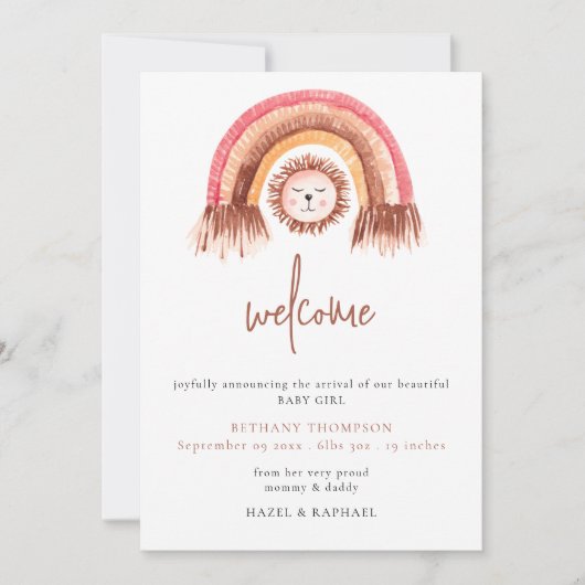 Boho Rainbow Lion Welcome Baby Ankündigung (Vorderseite)