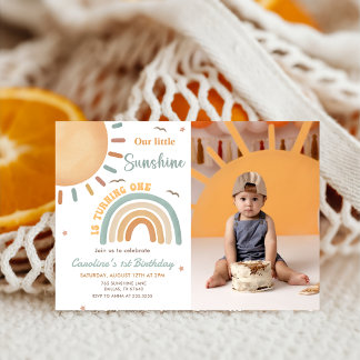 Boho Rainbow Little Sunshine 1. Geburtstag Foto Einladung