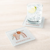 Boho Rainbow mit Blume | Neutrale Farbe Glasuntersetzer (Schrägansicht)