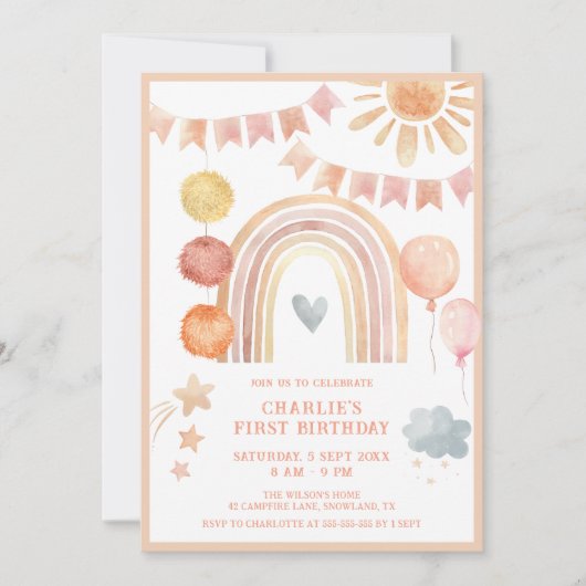 Boho Rainbow Moderner Kindergeburtstag Einladung (Vorderseite)