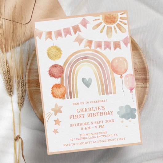 Boho Rainbow Moderner Kindergeburtstag Einladung