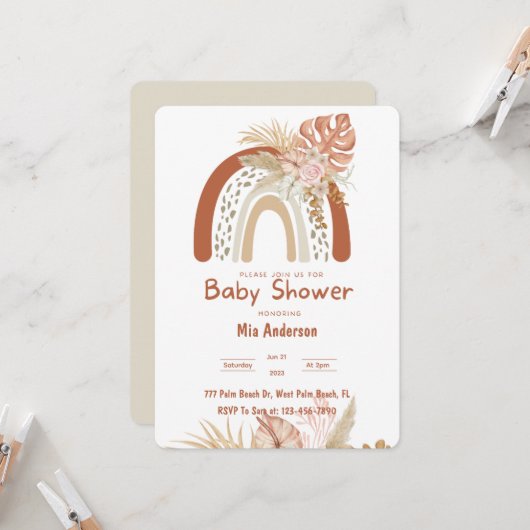 Boho Rainbow Neutral Pampas Grass Baby Shower Einladung (Vorderseite/Rückseite Beispiel)