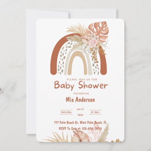 Boho Rainbow Neutral Pampas Grass Baby Shower Einladung (Vorderseite)