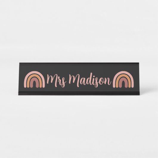Boho Rainbow Niedlicher Personalisierter Lehrer Schreibtischnamensplakette (Vorderseite )