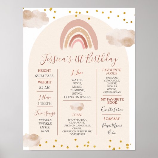 Boho Rainbow Onedere 1. Jahr Geburtstag Meilenstei Poster (Vorne)