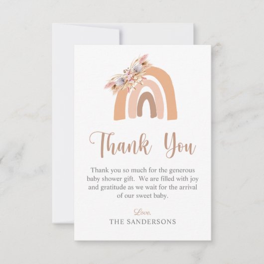 Boho Rainbow Pampas Grass Pink Baby Dusche Dankeskarte (Vorderseite)