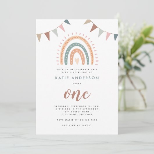 Boho Rainbow Pastel Fiesta Einladung (Stehend Vorderseite)