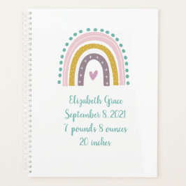 Boho Rainbow Pink Aquamarin Gold Herz Birth Stats Planer