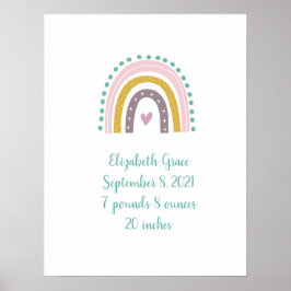 Boho Rainbow Pink Aquamarin Gold Herz Birth Stats Poster