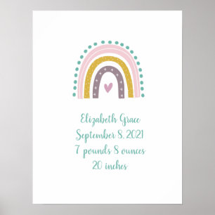 Boho Rainbow Pink Aquamarin Gold Herz Birth Stats Poster