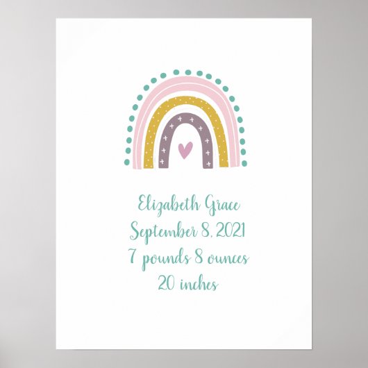 Boho Rainbow Pink Aquamarin Gold Herz Birth Stats Poster (Vorne)