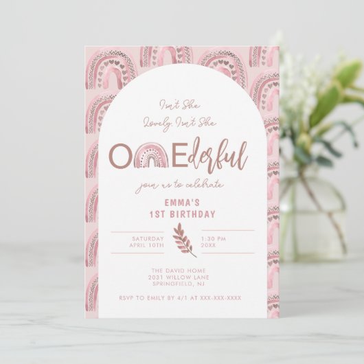 Boho Rainbow Pink Arch Onederday Einladung (Stehend Vorderseite)