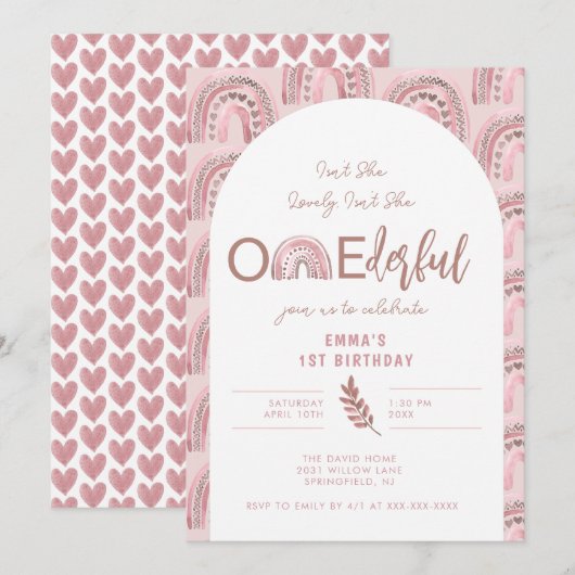 Boho Rainbow Pink Arch Onederday Einladung (Vorne/Hinten)