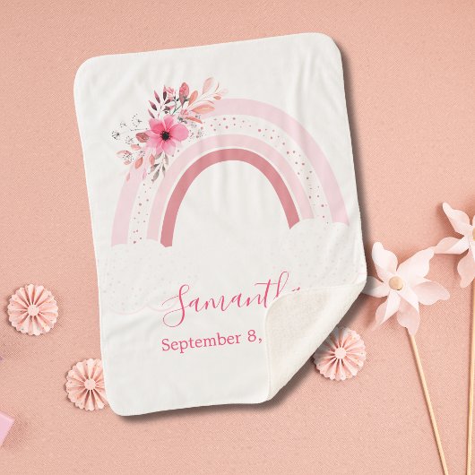 Boho Rainbow Pink Floral Sherpa Baby Blanket Sherpadecke