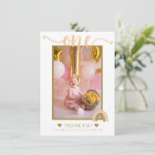 Boho Rainbow Pink Gold Foto Dankeskarte (Stehend Vorderseite)