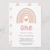 Boho Rainbow Pink Heart Girl Niedlich erster Gebur Einladung (Vorne/Hinten)