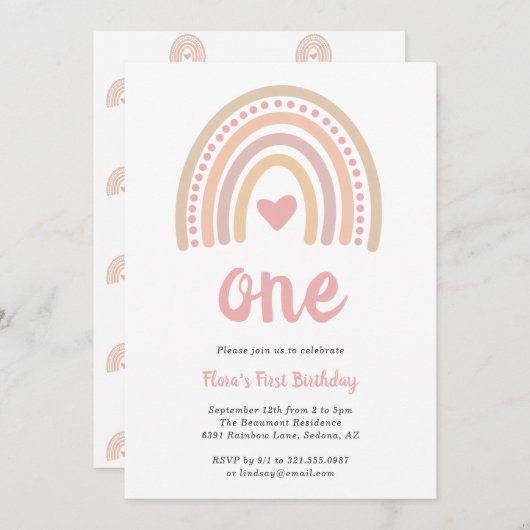 Boho Rainbow Pink Heart Girl Niedlich erster Gebur Einladung (Vorne/Hinten)