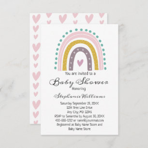 Boho Rainbow Pink Hearts Lila Aquamarines Baby Gir Einladung