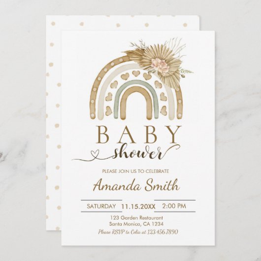 Boho Rainbow Pink Pampas Gras Baby Dusche Einladung (Vorne/Hinten)