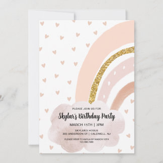 Boho Rainbow Pink und Gold zum Geburtstag Einladung