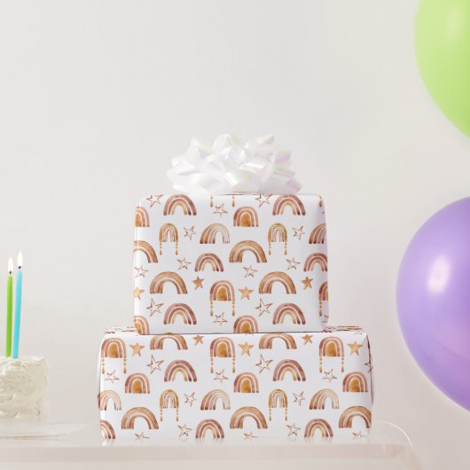 Boho Rainbow Stars Terracotta Brown Babydusche Geschenkpapier (Partygeschenke)