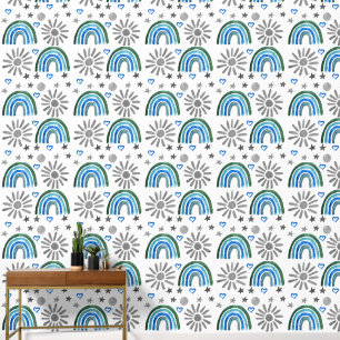 Boho Rainbow Sun Blue Baby Boy Kids Tapete