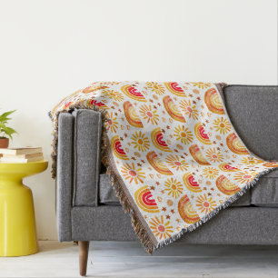 Boho Rainbow Sun Stars Watercolor Orange Muster Decke