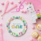 Boho Rainbow & Suns 1. Geburtstag Blaue Wasserfarb Pappteller (Party)