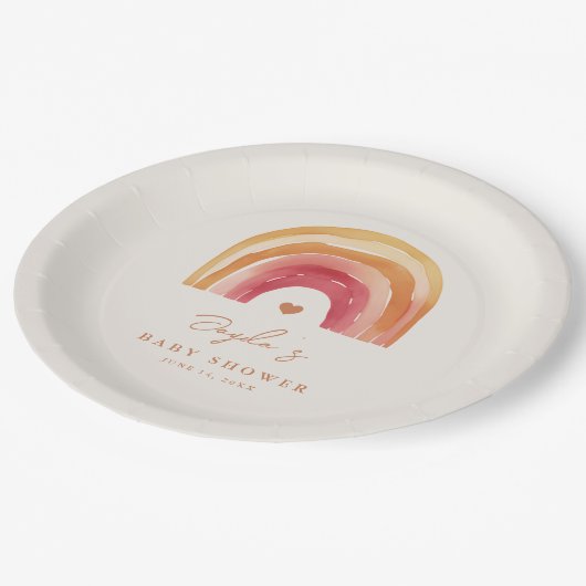 Boho Rainbow Terracotta Babydusche Pappteller (Schrägansicht)