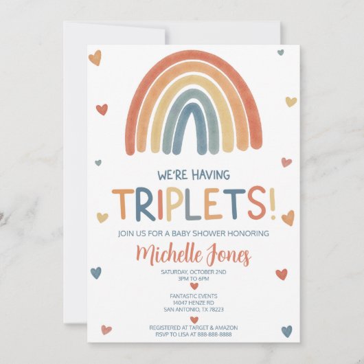 Boho Rainbow Triplets Baby Dusche Einladung (Vorderseite)
