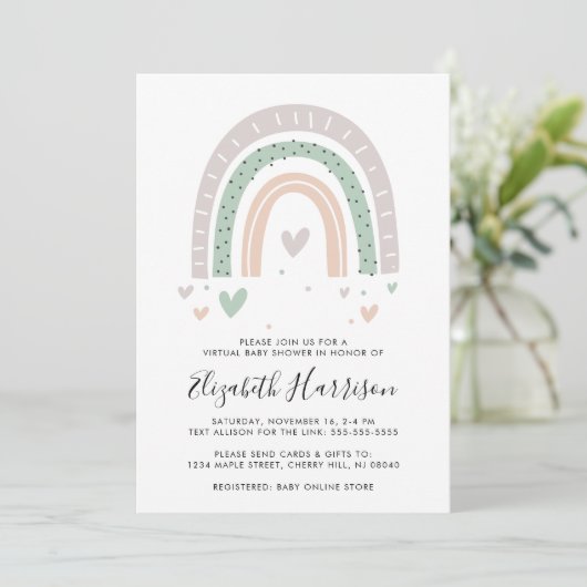 Boho Rainbow Virtual Baby Shower Einladung (Stehend Vorderseite)