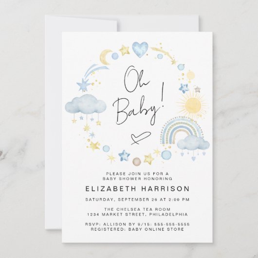 Boho Rainbow Watercolor Baby Boy Dusche Einladung (Vorderseite)