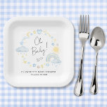 Boho Rainbow Watercolor Baby Boy Dusche Pappteller<br><div class="desc">Niedliche Boho-Baby-Duschpapier-Teller,  die fröhliche gelbe und blaue Aquarelltöne aus einem skurrilen Regenbogen,  Sonne,  Herz,  Sterne,  Monde und Wolken und "Oh Baby!" in einer stilvollen Kalligraphie-Skript enthalten. Personalisieren Sie den Namen der Mutter und das Duschdatum in einfacher moderner Typografie.</div>