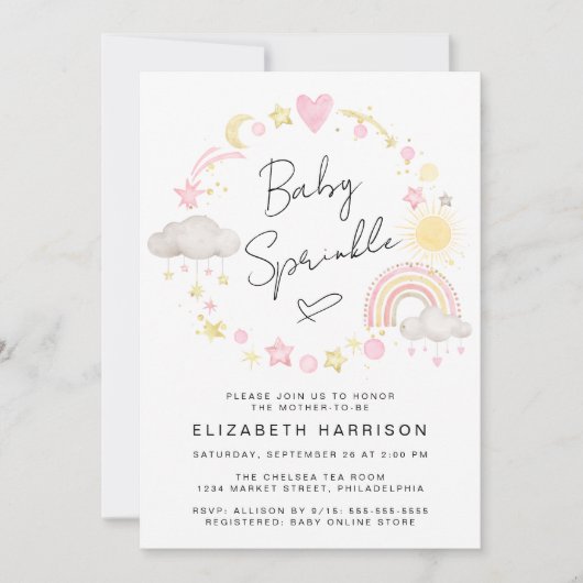 Boho Rainbow Watercolor Baby Girl Sprinkle Einladung (Vorderseite)