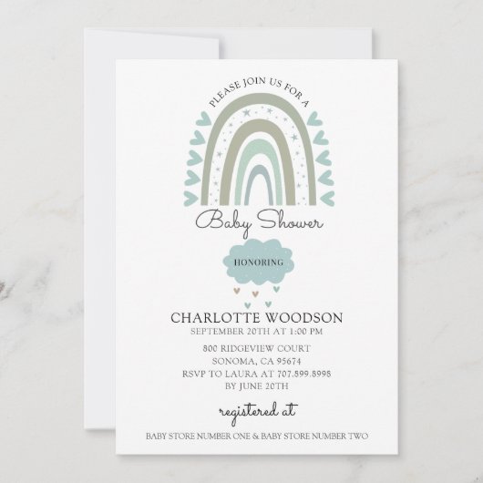 Boho Rainbow Watercolor Blue Baby Boy Dusche Einladung (Vorderseite)