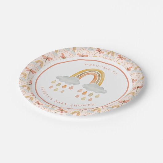 Boho Rainbow Watercolor Dragonfly Babydusche Pappteller (Schrägansicht)