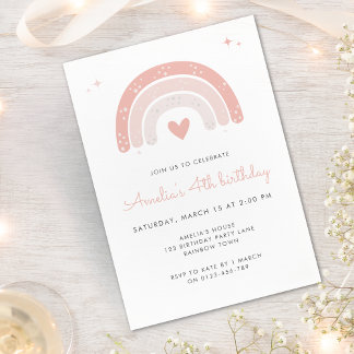 Boho Rainbow Watercolor Girl Pink Geburtstag Einladung