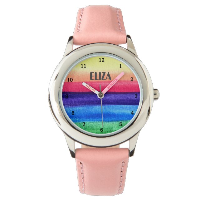 Boho Rainbow Watercolor Niedlich Girls Pink Kinder Armbanduhr (Vorderseite)